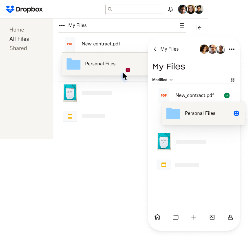 Image showing Dropbox on a desktop and mobile device, where both devices can see the synced files